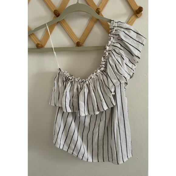 Billabong Top Women's Small One Shoulder Flutter Sleeve White Black Stripes - Picture 2 of 7